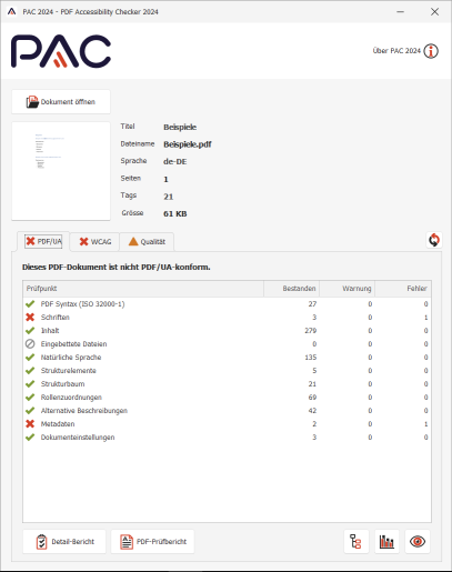 Screenshot des Testergebnisses von PAC 2024 für ein nicht PDF/UA-konformes Beispieldokument bei dem 2 Barrieren zu Schriften und Metadaten auffallend rot gekennzeichnet sind