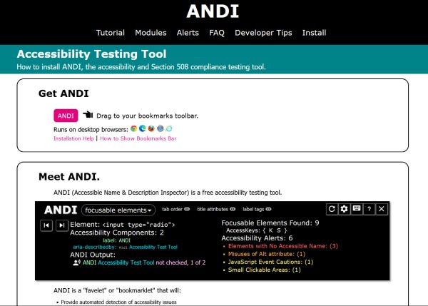 Screenshot der Webseite zum Test-Tool Andi