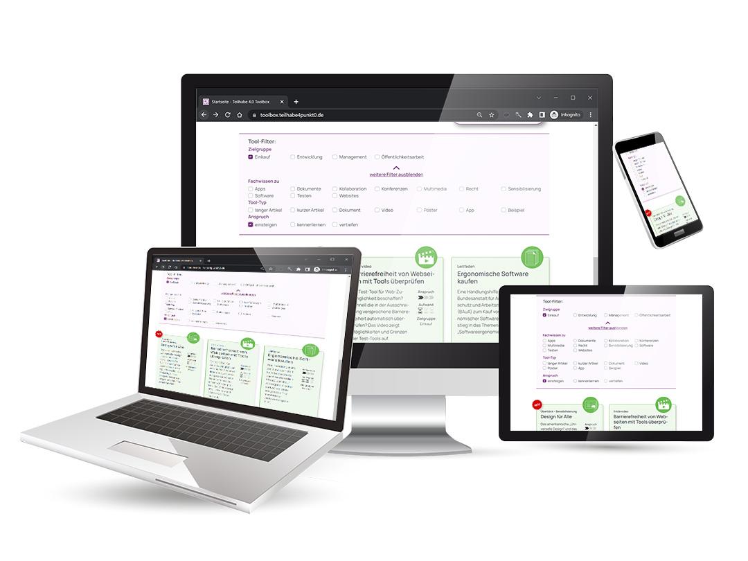 Foto von Computer, Notebook, Tablet und Smartphone mit unterschiedlichen Displaygrößen, auf denen die gleichen Inhalte in leicht verändertem Design angezeigt werden.