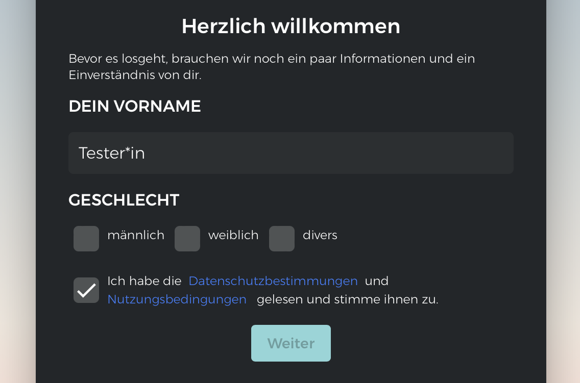 Bildschirmausschnitt des Willkommen-Formulars in der App Circles