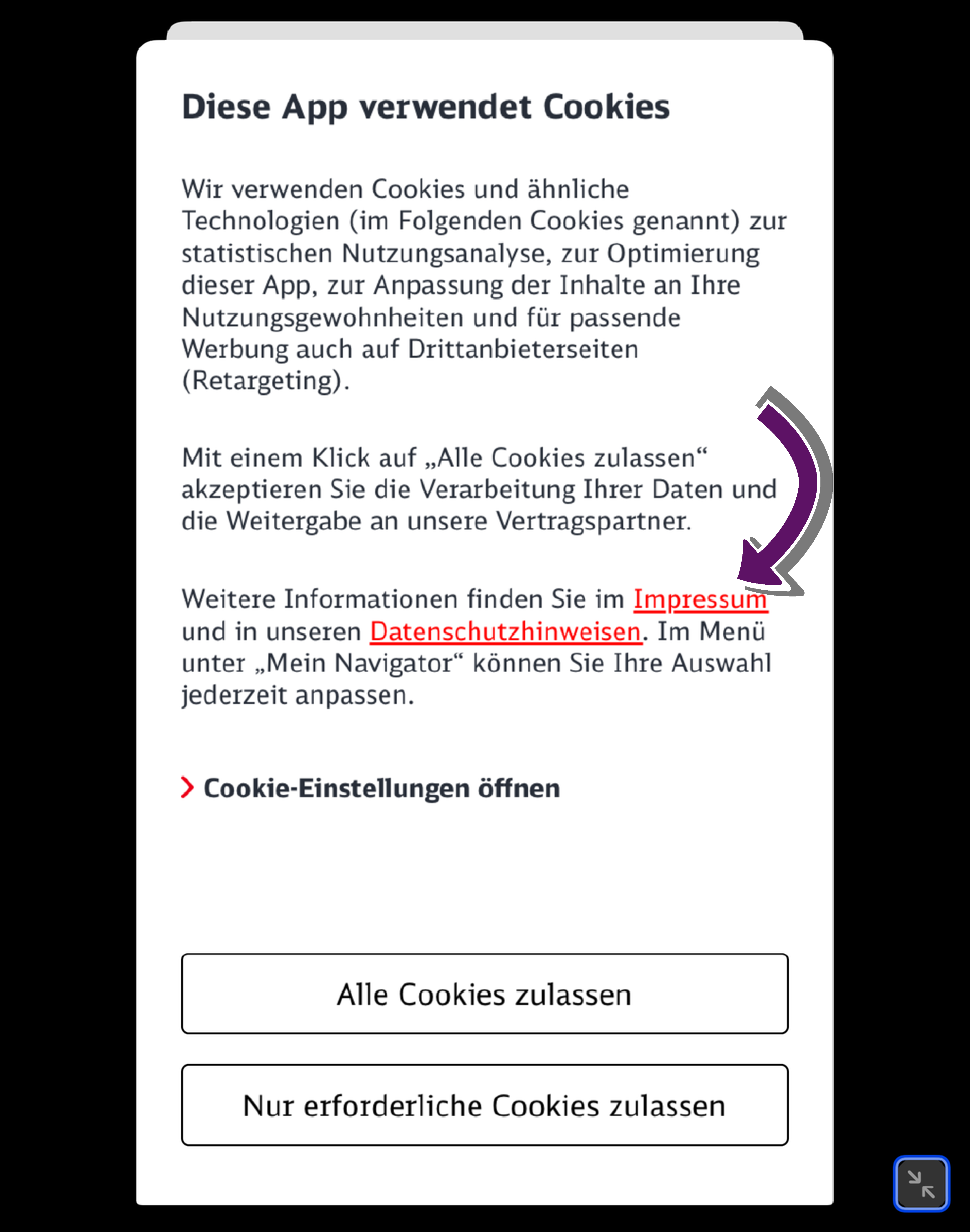 Bildschirmausschnitt des Fensters mit Cookie-Einstellungen