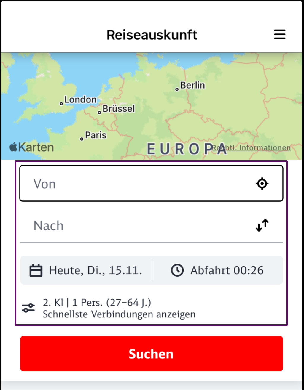Bildschirmausschnitt der Verbindungssuche