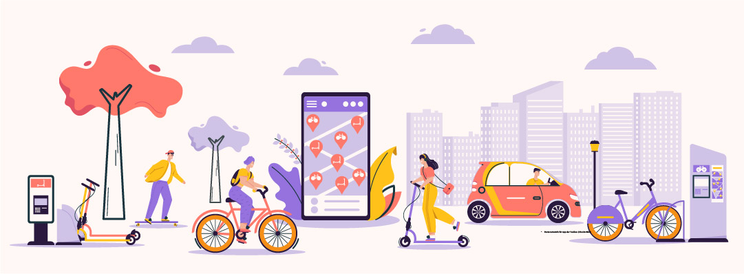 Grafik einer urbanen Landschaft, die Menschen mit unterschiedlichen Fortbewegungsmitteln zeigt. Im Mittelpunkt ist ein Smartphone mit einer Navigations-App abgebildet.