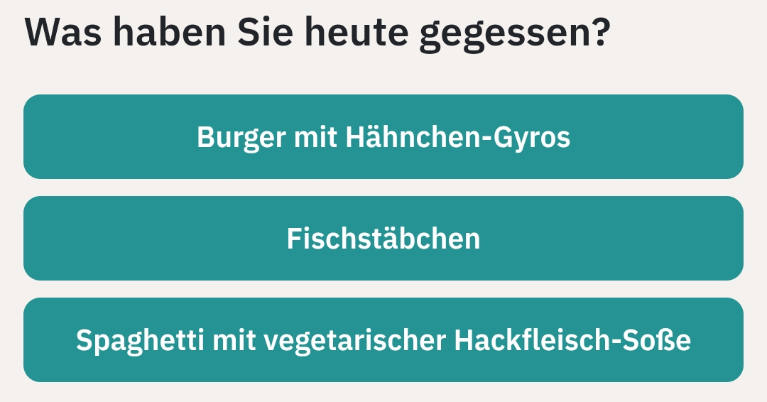 Bildschirmausschnitt: Schaltflächen bei Fragen vom Typ „Single-Choice“ mit minimal zu niedrigem Kontrast