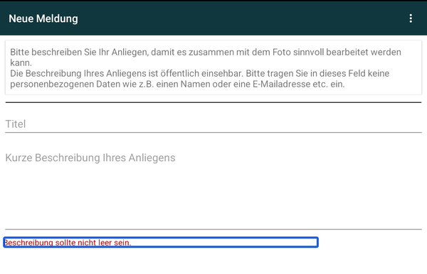 Bildschirmausschnitt eines Eingabefeldes in der App Mängelmelder mit darunterliegendem Hinweis auf das Pflichtfeld