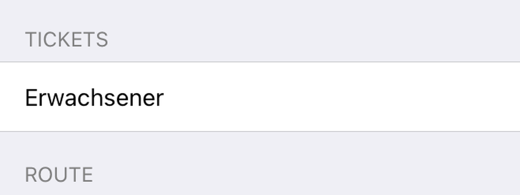 Bildschirmausschnitt der Einstellungsseite mit den Überschriften Tickets und Route. Die Schrift ist dunkelgrau auf hellgrauem Grund.