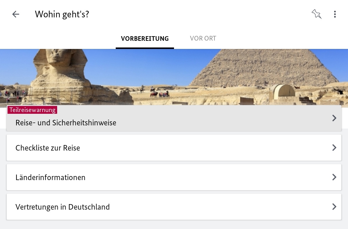 Bildschirmausschnitt: Der Listenpunkt Reise- und Sicherheitshinweise ist aktiv, aber nur hellgrau hinterlegt