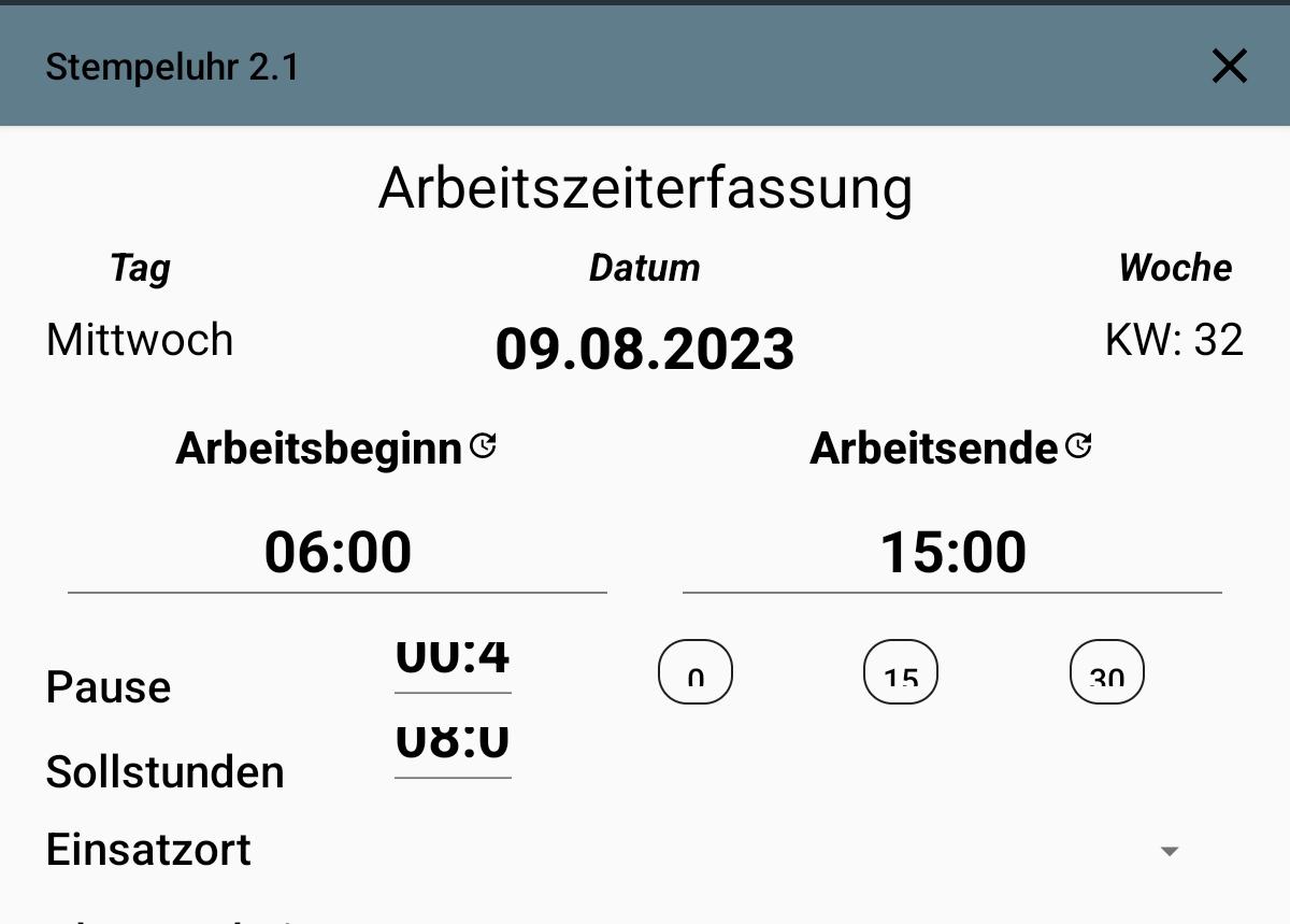 Screenshot der Ansicht Arbeitszeiterfassung, in dem die Zeiten in den Feldern Pause und Sollstunden abgeschnitten und unleserlich sind.