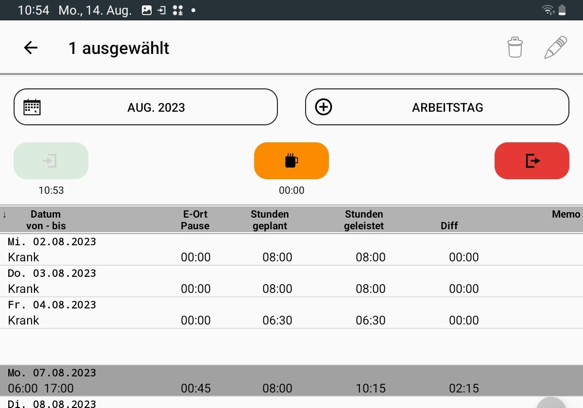 Screenshot der Übersicht aller erfassten Daten in der Stempeluhr-App.