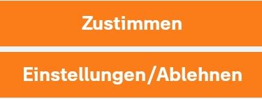 Bildschirmausschnitt mit Schaltflächen zur Auswahl der Datenschutz-Einstellungen beschriftet mit Zustimmen und Einstellungen oder Ablehnen.