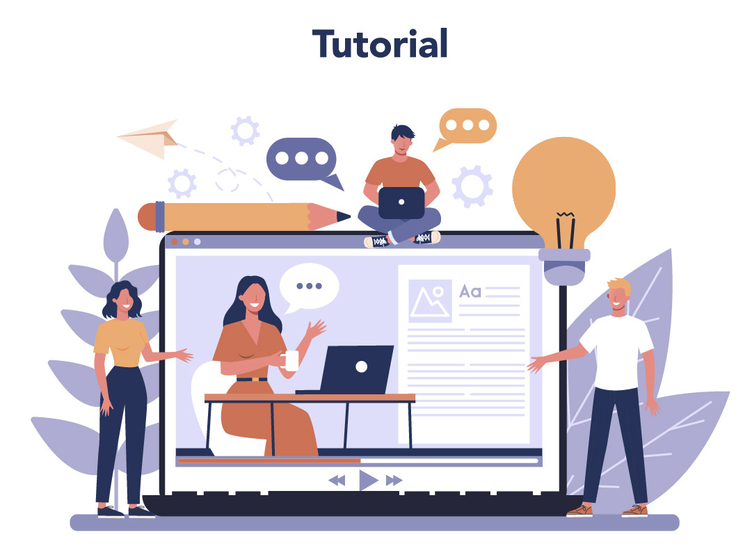 Grafik eines Notebooks mit klein dargestellten Menschen, die Ideen und Texte auf, neben und über dem Bildschirm unter der Überschrift Tutorial austauschen