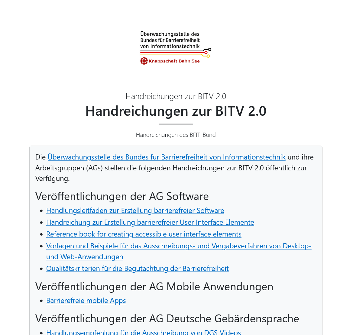 Screenshot der Webseite des BFIT Bund mit Handreichungen zur BITV 2.0 in Listenform