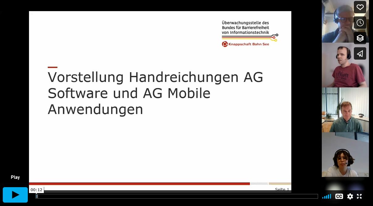 Screenshot des Videos des aufgezeichneten Webinars mit den drei Referenten und einer Moderatorin.