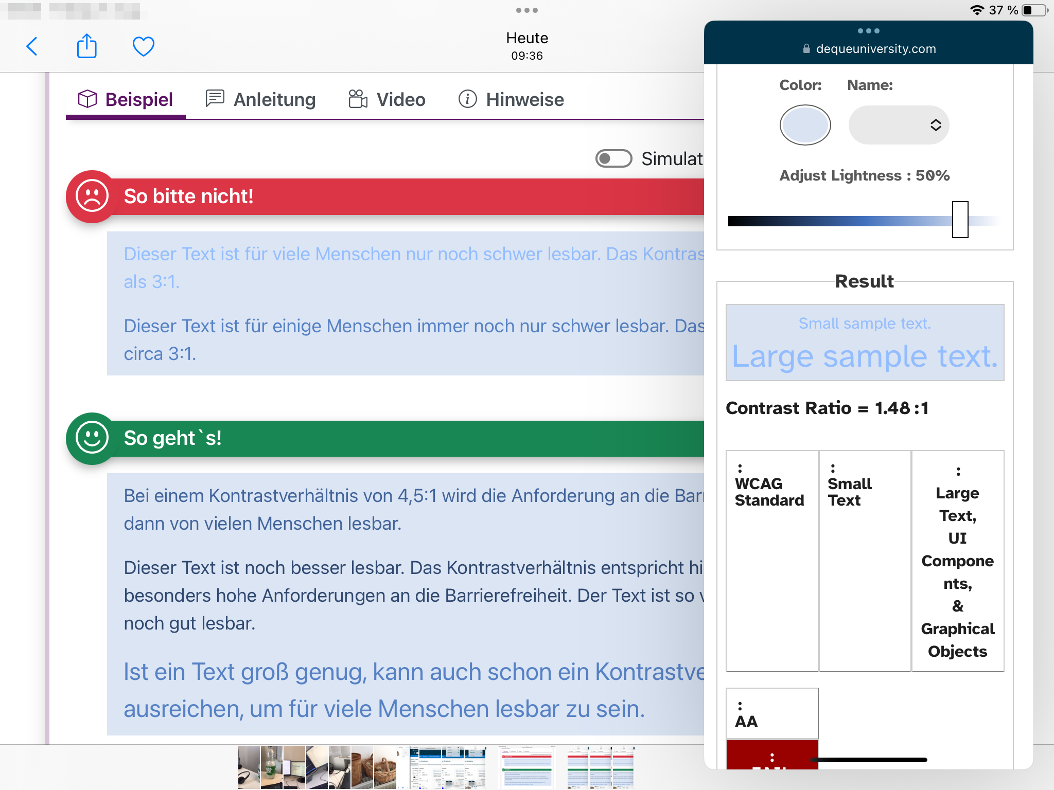 Bildschirmausschnitt vom iPad. Im Color Contrast Analyser wird das Ergebnis angezeigt.