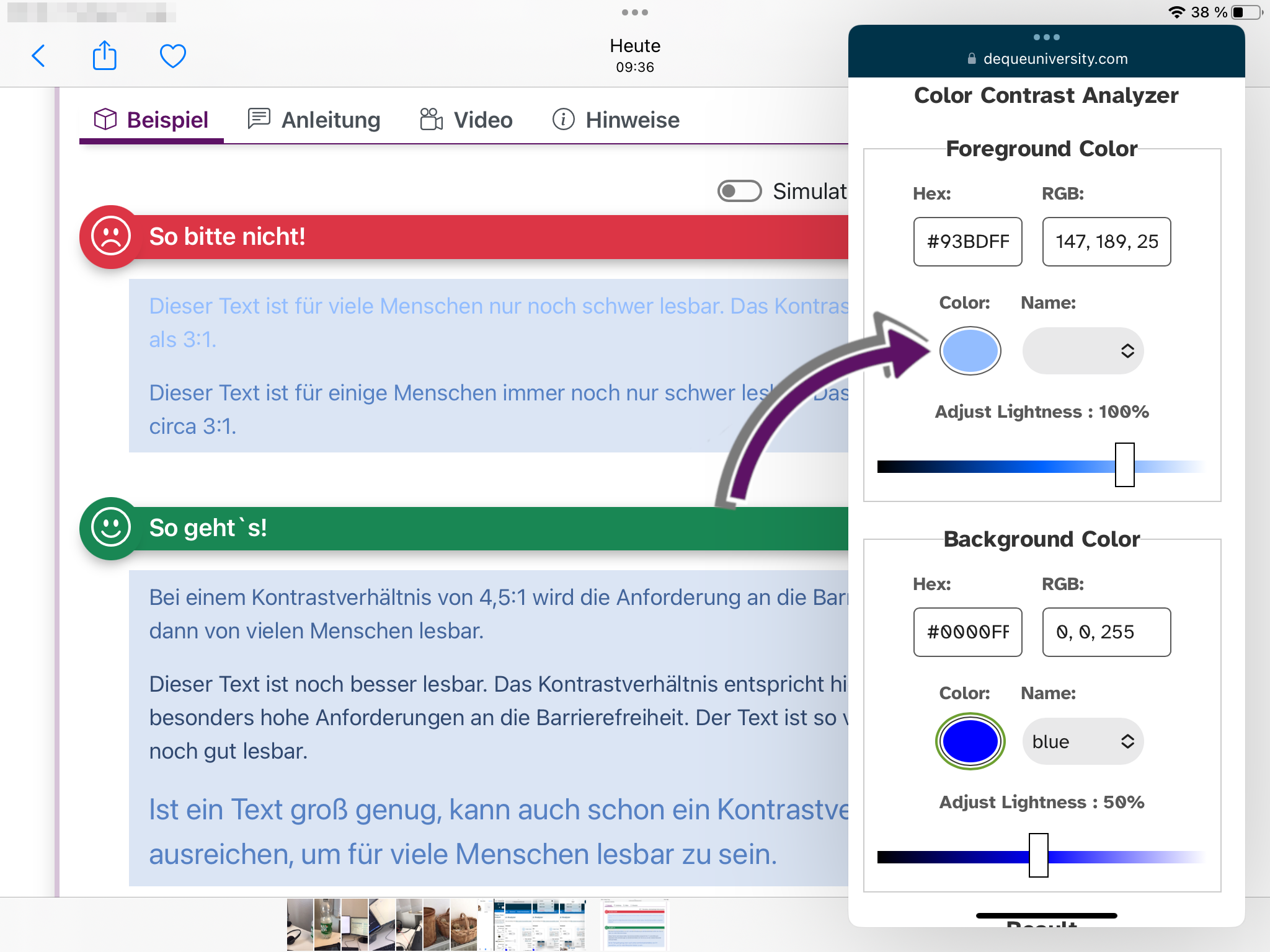 Bildschirmausschnitt vom iPad. Im Color Contrast Analyser Ist die Schaltfläche zur Farbauswahl durch einen Pfeil markiert.