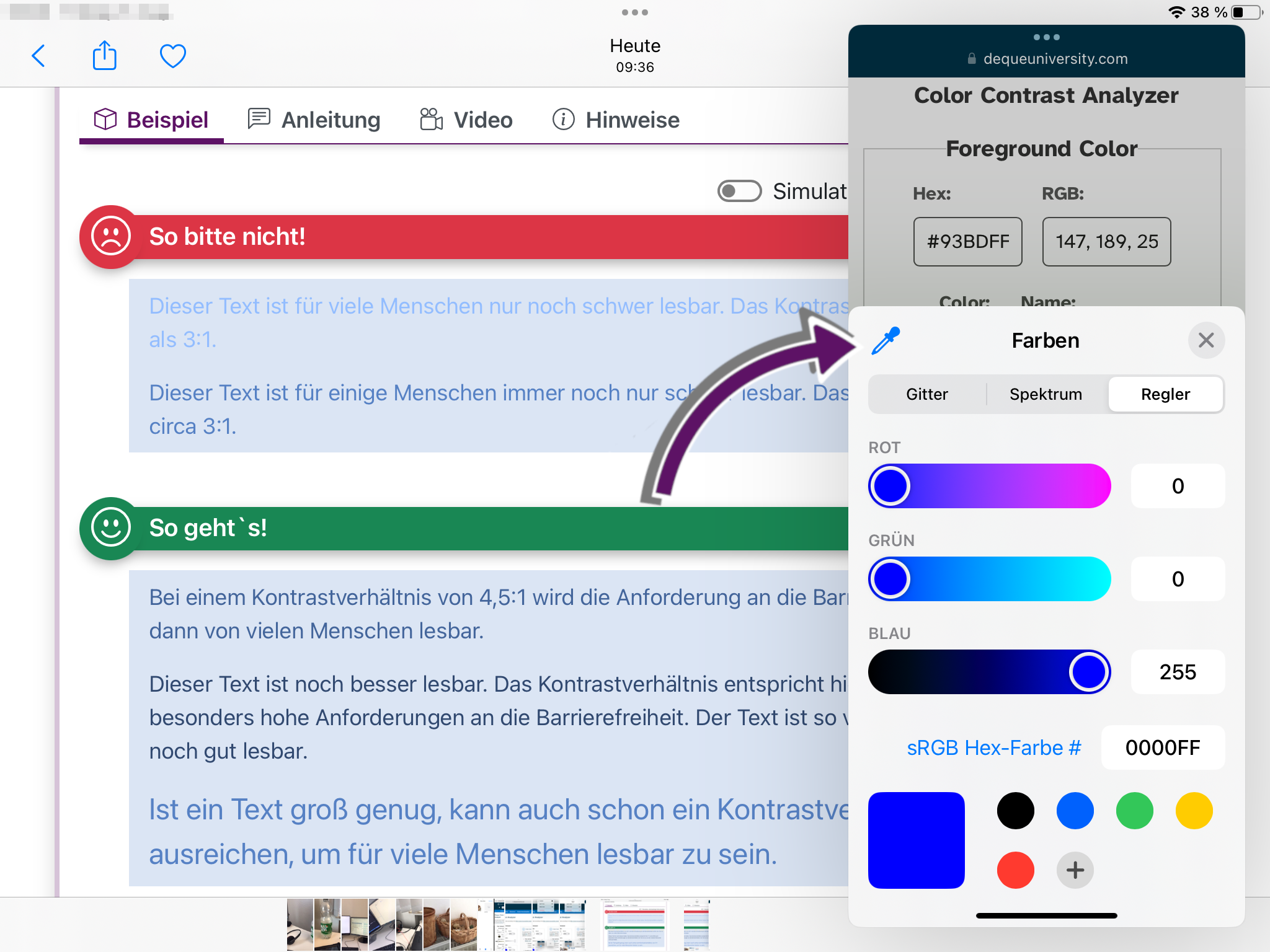 Bildschirmausschnitt vom iPad. Im Color Contrast Analyser Ist die Pipetten-Schaltfläche durch einen Pfeil markiert.