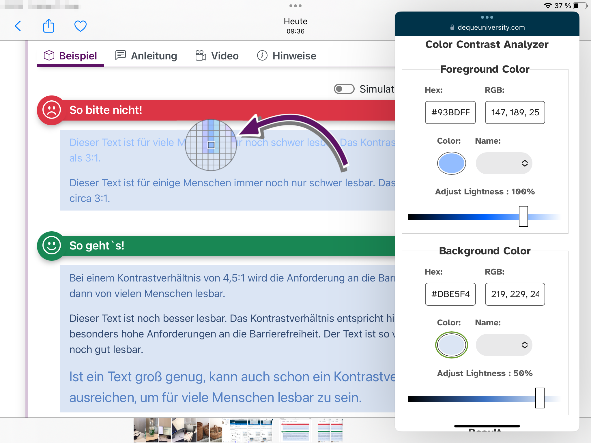 Bildschirmausschnitt vom iPad. Über dem zu testenden Screenshot ist ein rundes Pixel-Auswahlwerkzeug mit Raster.