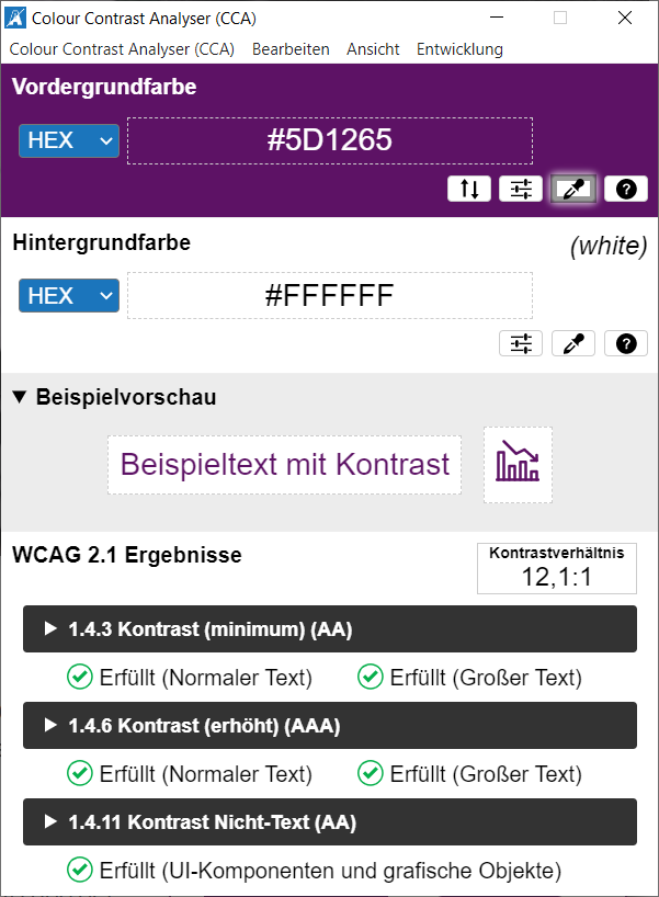 Screenshot der deutschen Oberfläche des Kontrastprüfwerkzeugs