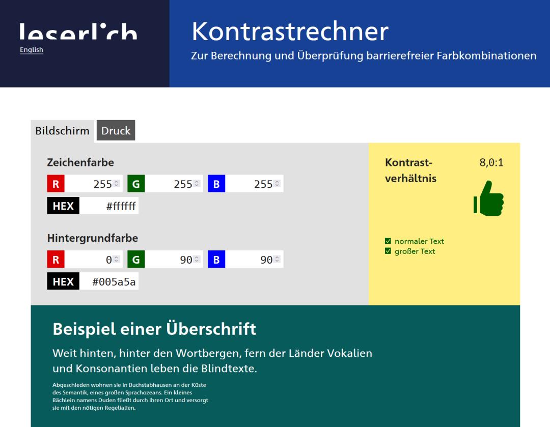 Screenshot des Kontrastrechners
