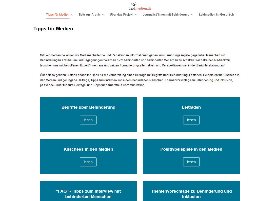 Screenshot der Tipps für Medien im Angebot leidmedien.de