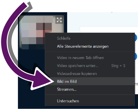 Bildschirmausschnitt des Kontextmenüs einer Video-Kachel in der Web-Anwendung