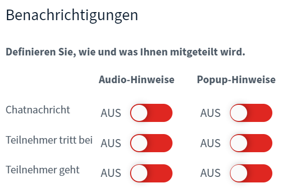 Bildschirmausschnitt der Einstellungen der Web-Anwendung für Benachrichtigungen