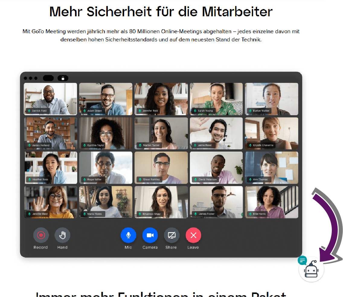 Bildschirmausschnitt des sich im unteren Bereichs der Seiten befindenden Chatbots