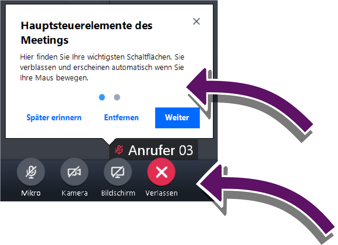 Bildschirmausschnitt der Bedienleiste mit Hinweis vor dem Verschwinden