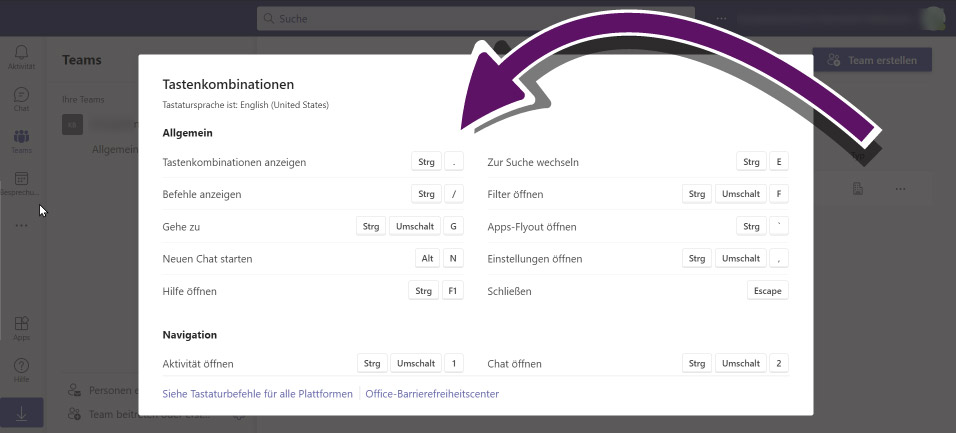 Screenshot des Microsoft Teams Dashboards mit allen Tastaturkürzeln