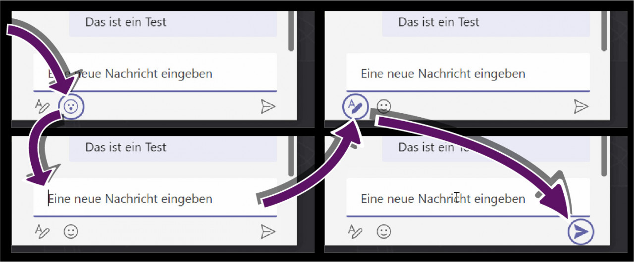 Bildschirmaufnahmen mit der Reihenfolge der Tastaturnavigation durch den Chat-Bereich