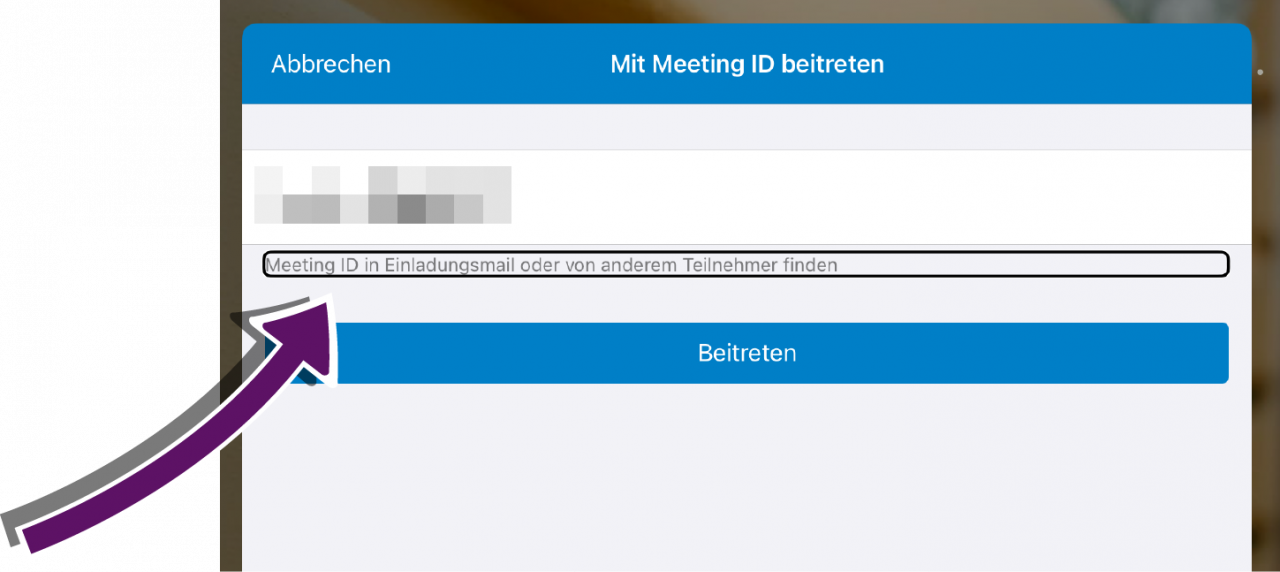 Bildschirmaufnahme des iOS-Bildschirms zur Eingabe der Meeting-ID