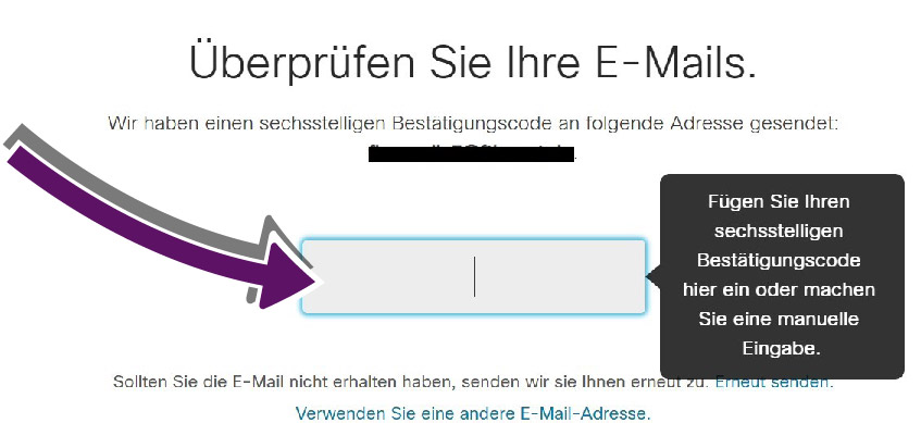 Bildschirmausschnitt mit Eingabefeld für den Registrierungs-Code