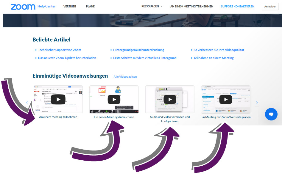 Bildschirmausschnitt der Liste der Erklärvideos auf der Zoom-Hilfe-Seite