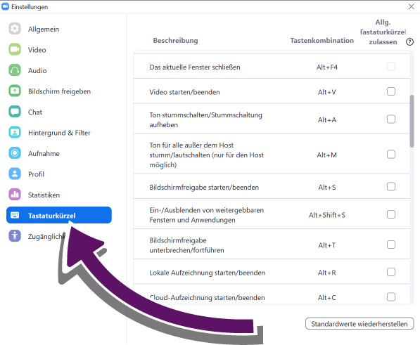 Über die Einstellungen der App sind die Tastaturkürzel zu finden