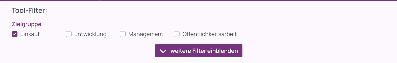 Screenshot der vier Tool-Filter Einkauf, Entwicklung, Management und Öffentlichkeitsarbeit, die mit Checkboxen in einer Zeile umgesetzt wurden und eine lila hervorgehobene Schaltfläche unterhalb des Filters.