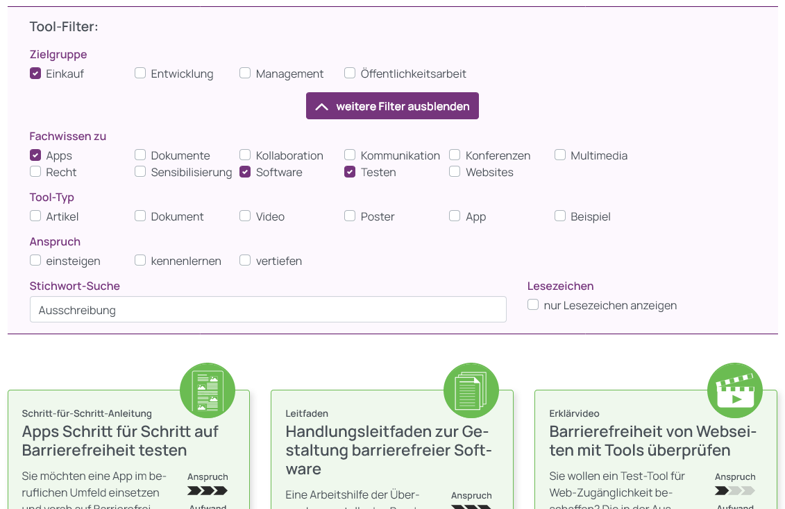 Screenshot der gewählten Tool-Filter, Zielgruppe Einkauf, Fachwissen zu Apps, Software und Testen sowie die Stichwort-Suche nach Ausschreibung. Darunter ein Ausschnitt der Auswahl entsprechender Tools im Kachelformat.