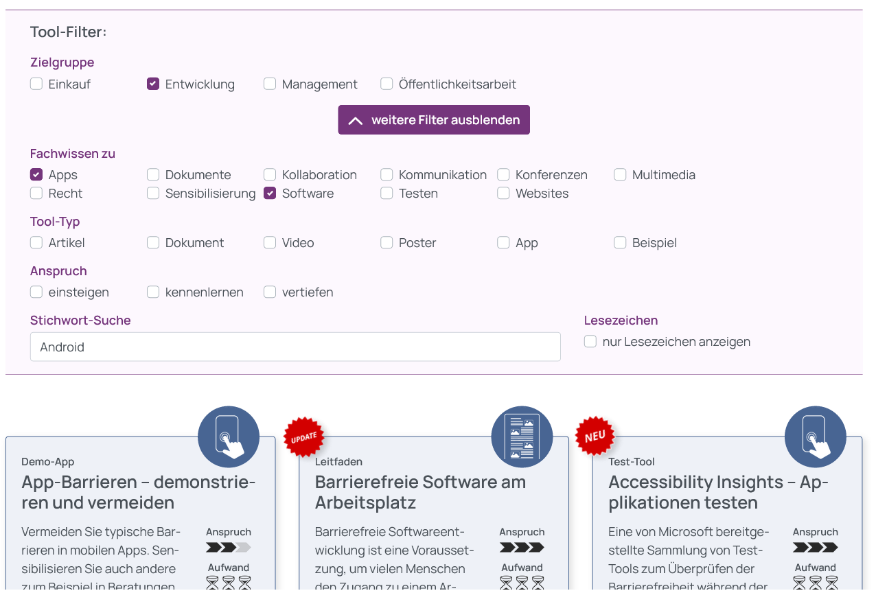 Screenshot der gewählten Tool-Filter, Zielgruppe Entwicklung, Fachwissen zu Apps und Software sowie die Stichwort-Suche nach Android. Darunter ein Ausschnitt der Auswahl entsprechender Tools im Kachelformat.