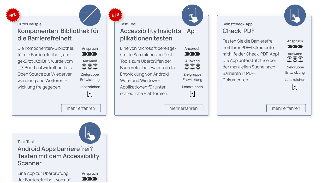 Screenshot der verbleibenden 4 blauen Tool-Karten. Die Tools sind als Karten in Zeilen und Spalten angeordnet.