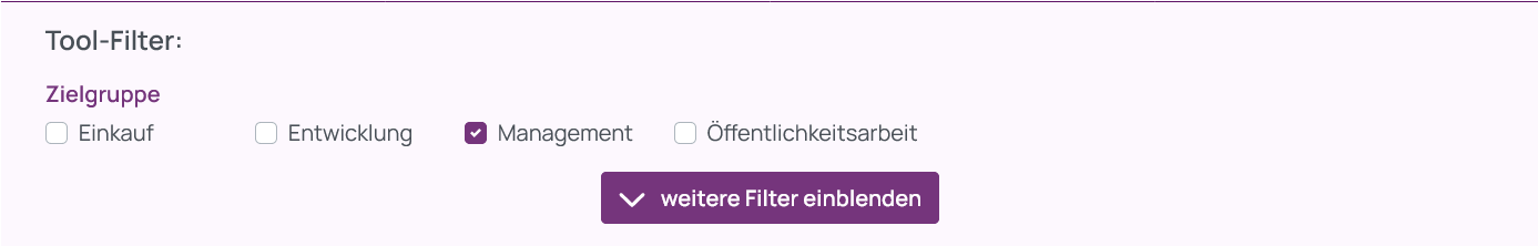 Screenshot der vier Tool-Filter Einkauf, Entwicklung, Management und Öffentlichkeitsarbeit, die mit Checkboxen in einer Zeile umgesetzt wurden.