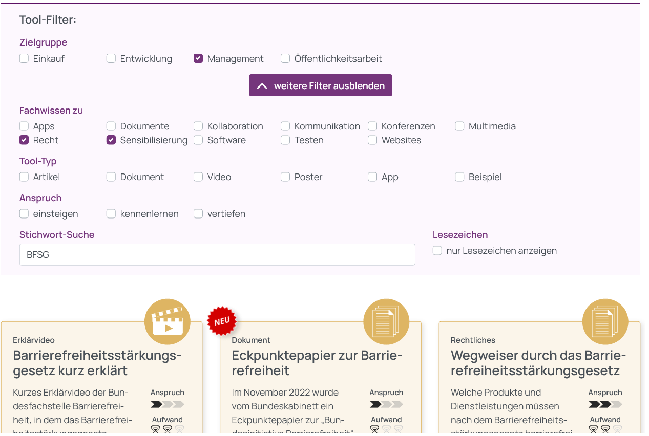 Screenshot der gewählten Tool-Filter, Zielgruppe Management, Fachwissen zu Recht und Sensibilisierung sowie die Stichwort-Suche nach BFSG. Darunter ein Ausschnitt der Auswahl entsprechender Tools im Kachelformat.