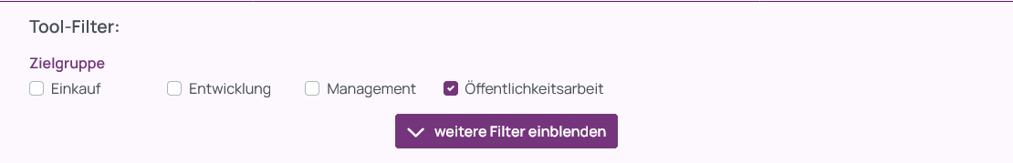 Screenshot der vier Tool-Filter Einkauf, Entwicklung, Management und Öffentlichkeitsarbeit, die mit Checkboxen in einer Zeile umgesetzt wurden.