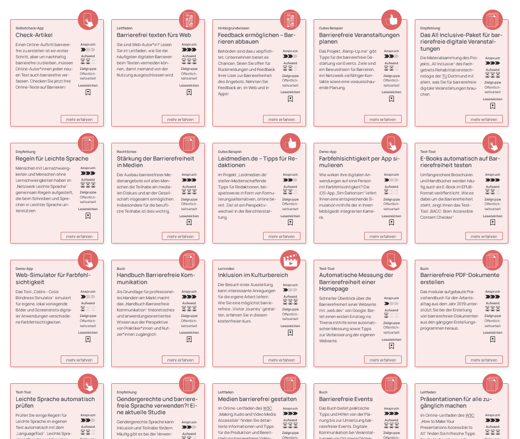 Screenshot aller Tools für die Zielgruppe Öffentlichkeitsarbeit. Die Tools sind in Form von Kacheln mit rotem Hintergrund dargestellt und enthalten neben einem Tooltitel und einer Beschreibung jeweils in der Ecke ein Icon, das zusätzlich den Tooltyp kennzeichnet.