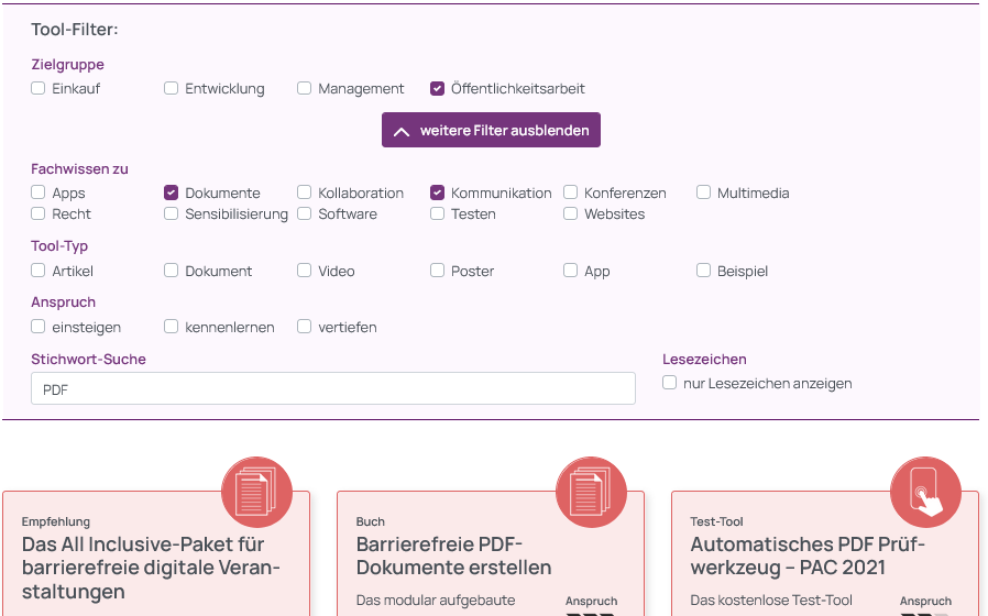 Screenshot der gewählten Tool-Filter, Zielgruppe Öffentlichkeitsarbeit, Fachwissen zu Dokumenten und Kommunikation sowie die Stichwort-Suche nach PDF. Darunter ein Ausschnitt der Auswahl entsprechender Tools im Kachelformat.