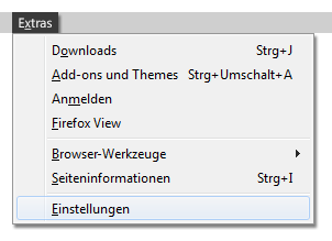 Menüpunkt Extras mit dem Münüpunkt Einstellungen im Firefox Browser