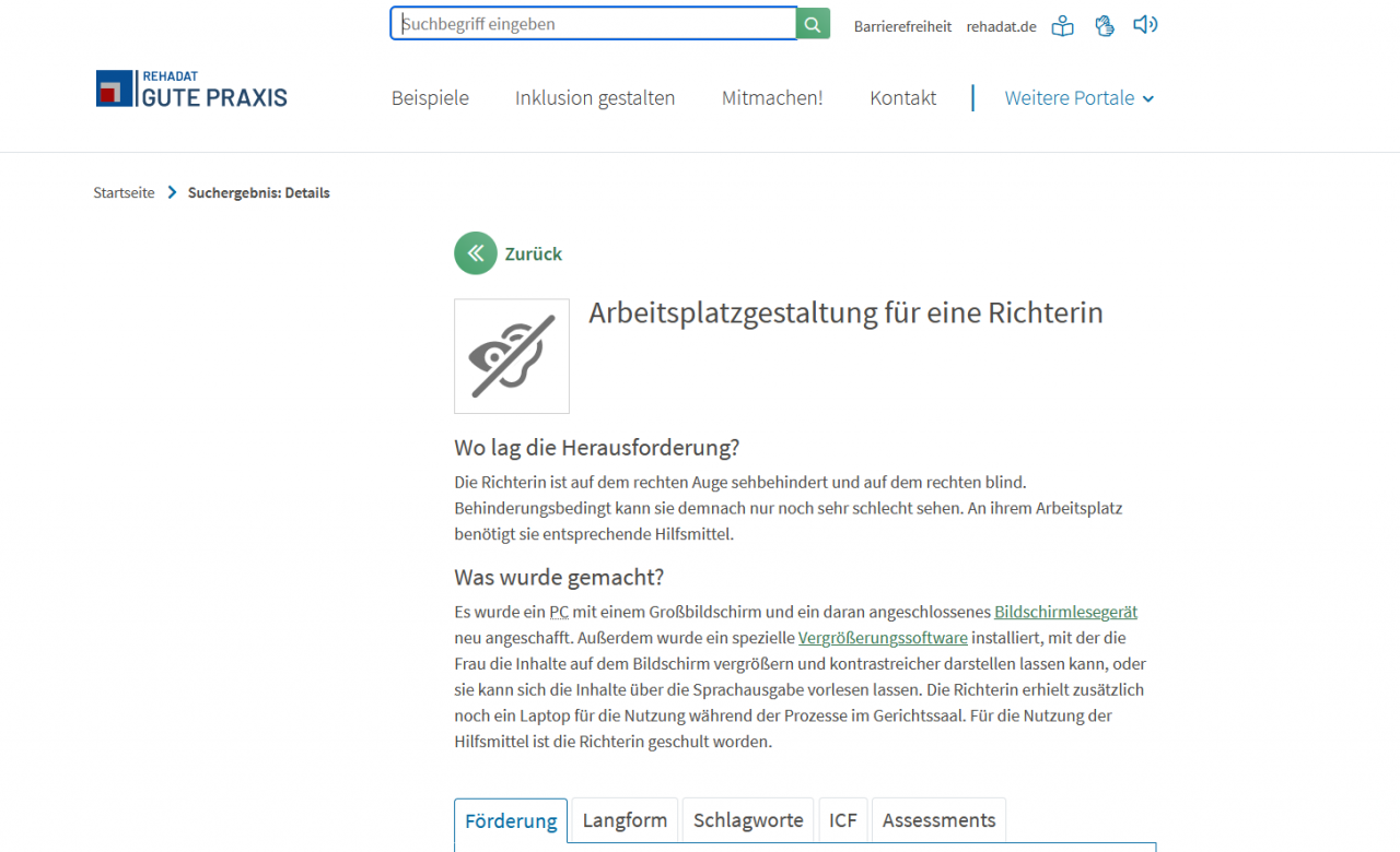 Screenshot eines Beispiels auf der Website Rehadat - Gute Praxis zur Arbeitsplatzgestaltung für eine sehbehinderte Richterin