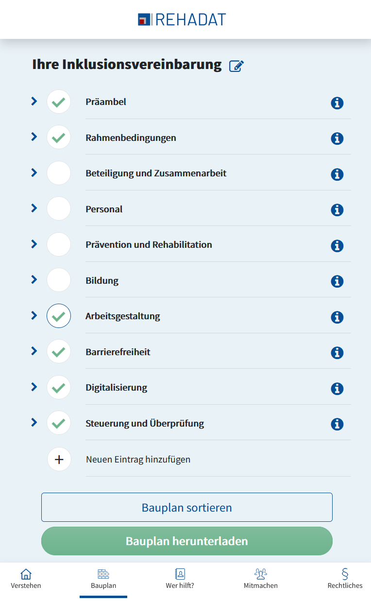 Screenshot der Bauplan-Ansicht der Rehadat-IV-App