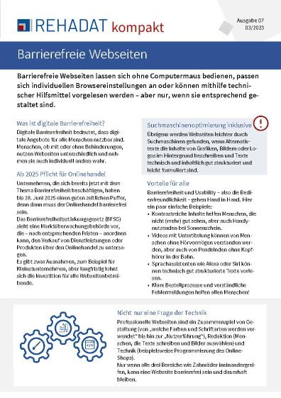 Erste Seite der Publikation Rehadat kompakt mit dem Schwerpunkt Barrierefreie Webseiten.