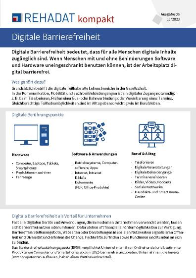 Erste Seite der Publikation Rehadat kompakt mit dem Schwerpunkt Digitale Barrierefreiheit.