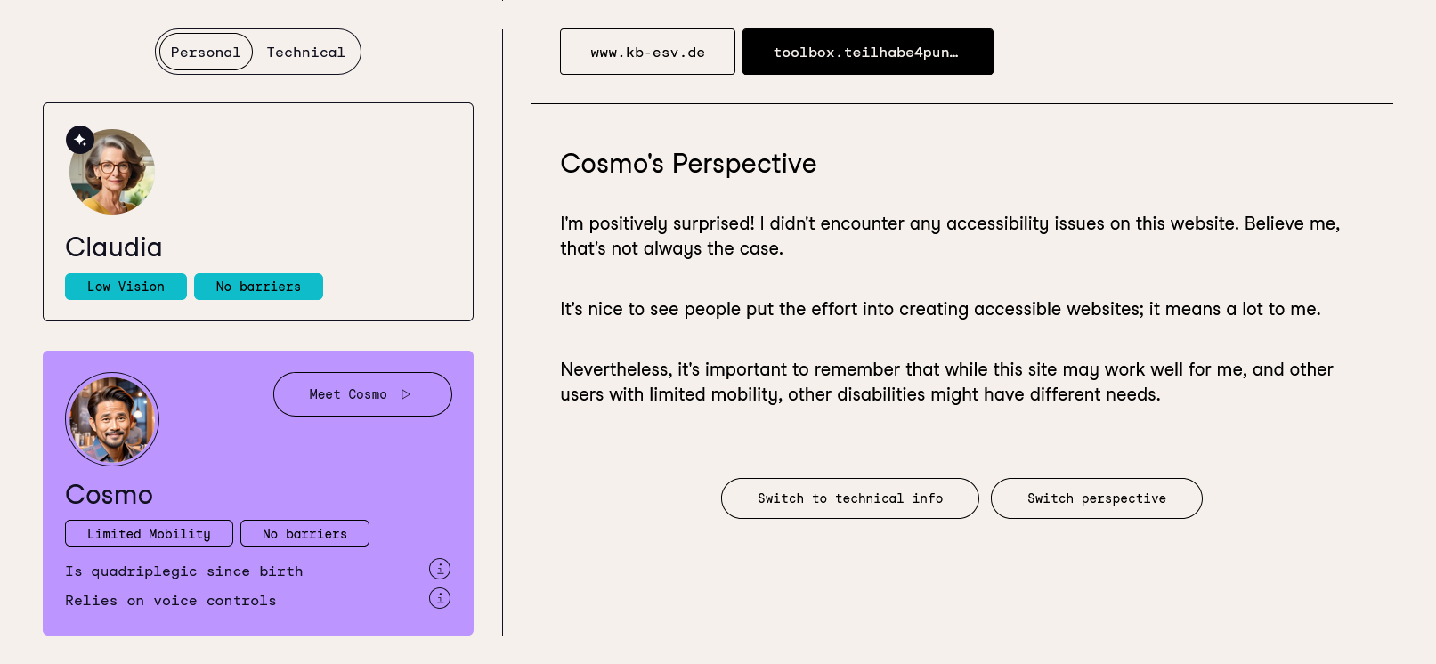 Screenshot des Testergebnis aus Cosmos Perspektive für die Toolbox-Webseite mit einem sehr positiven Testergebnis, aber auch der Warnung, dass für andere Nutzer trotzdem Barrieren vorhanden sein können. Zur vergrößerten Ansicht.
