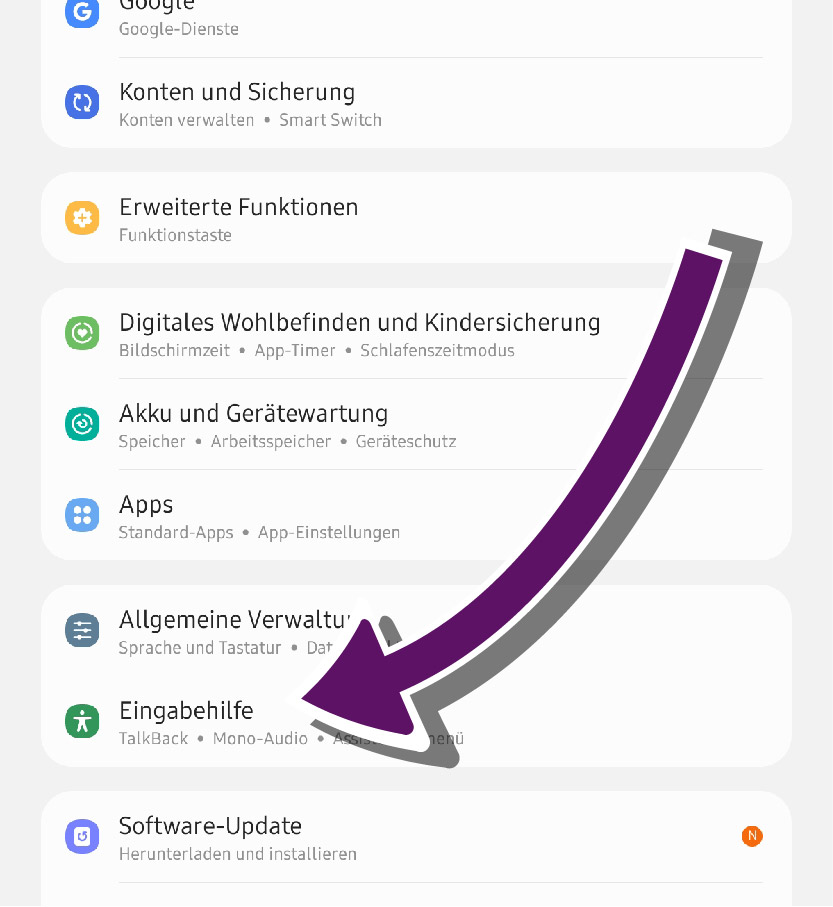 Bildschirmausschnitt der Übersichtsseite zu den Android-Eingabehilfen.